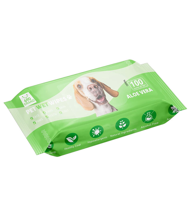 690GRAND Dog Pet Deodorizing Grooming Wipes with Free Natural Organic for Cleaning Puppy Cat Butt Paws Ears Eyes Face Aloe Vera Pack of 1 - PawsPlanet Australia