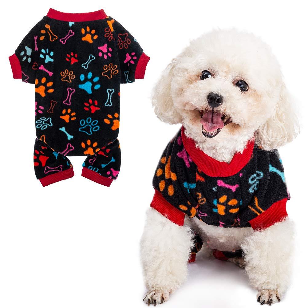 PUPTECK Soft Polar Fleece Dog Pajamas - Adorable Puppy Clothes Jumpsuit Pjs - Lightweight Cat Coat Pet Apparel - Cute Paw Design Small Black - PawsPlanet Australia