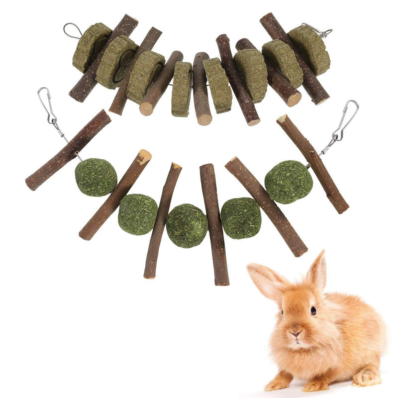 Phoetya Bunny Chew Toys, 2 Pcs Apple Wood Sticks Teeth Grinding Toys with Natural Grass Cake and Grass Ball for Bunny Parrot Hamster - PawsPlanet Australia