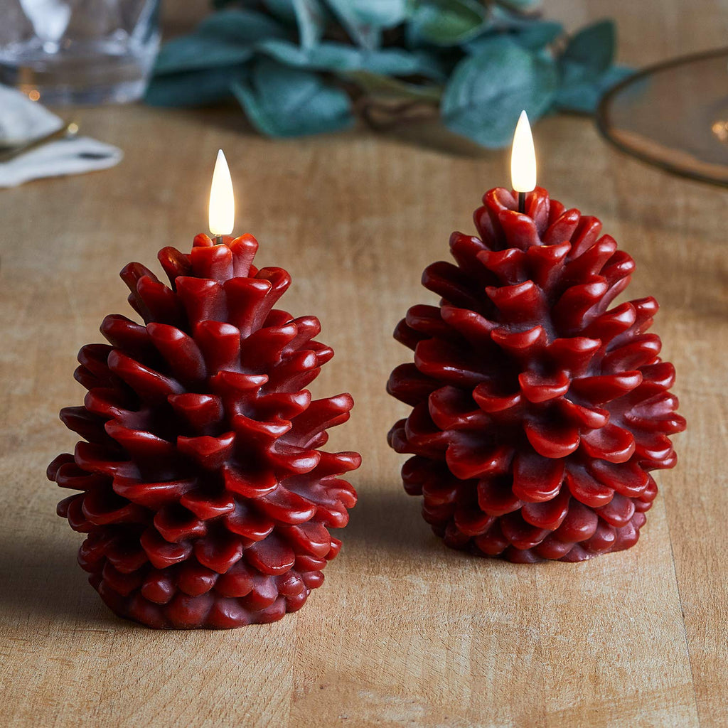 Lights4fun, Inc. 4.5” x 3.5” Pair of Truglow Pine Cone Wax Flameless LED Battery Operated Candles with Remote Control Brown - PawsPlanet Australia