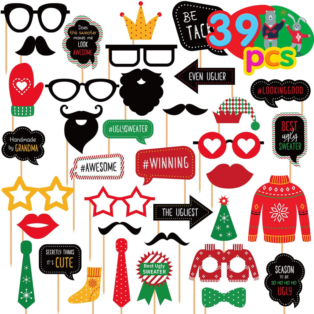 Joy Bang Ugly Sweater Party Supplies 39PCS Ugly Sweater Photo Props Ugly Sweater Party Decorations Tacky Christmas Party Photo Booth Props for Adults & Kids Xmas Photo Accessories Green - PawsPlanet Australia