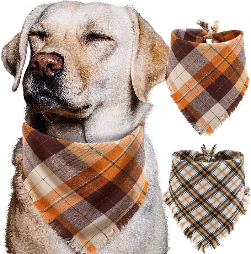 Fall Dog Bandana - Set of 2 Washable Reversible Square Plaid Pet Kerchief Scarf for Halloween Pattern A - PawsPlanet Australia