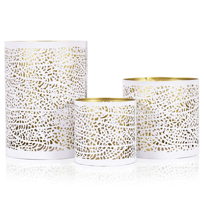 Lazy Gifts Set of 3 White and Gold Metal Decorative Nesting Hurricane Candle Holders. Elegant Style Centerpiece - add Accents to Weddings, Functions and Home décor - PawsPlanet Australia