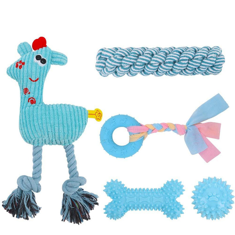 [Australia] - EXPAWLORER Dog Chew Toys Set - 5 Pack Puppy Plush Interactive Squeaky Teething Toys with Cotton Rope Blue 