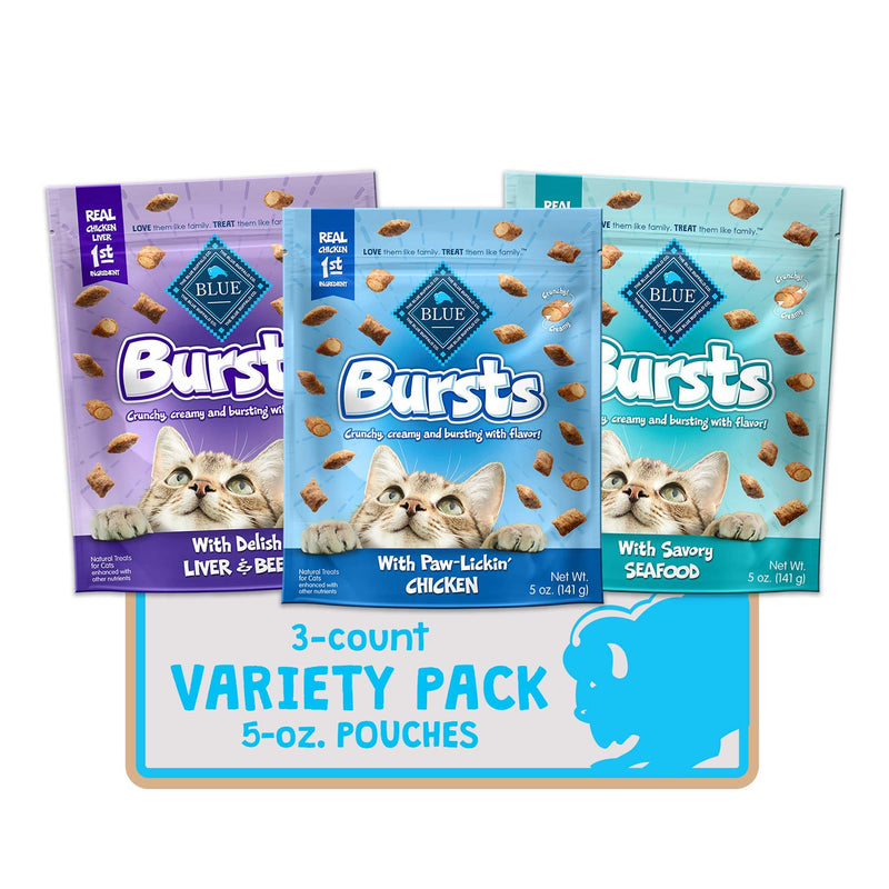 [Australia] - Blue Buffalo Bursts Crunchy Cat Treats Variety Pack, Chicken, Chicken Liver and Beef, and Seafood 5-oz Bags (3ct) 