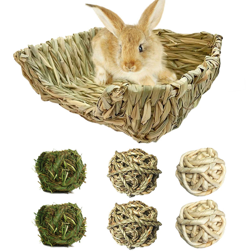 [Australia] - PINVNBY Bunny Grass Bed Rabbit Hay Mat Natural Handcrafted Woven Grass House Pet Bedding for Small Rabbits Hamster Bunny Chinchillas Guinea Pigs Cat and Small Animals provided Chew and Toys S 