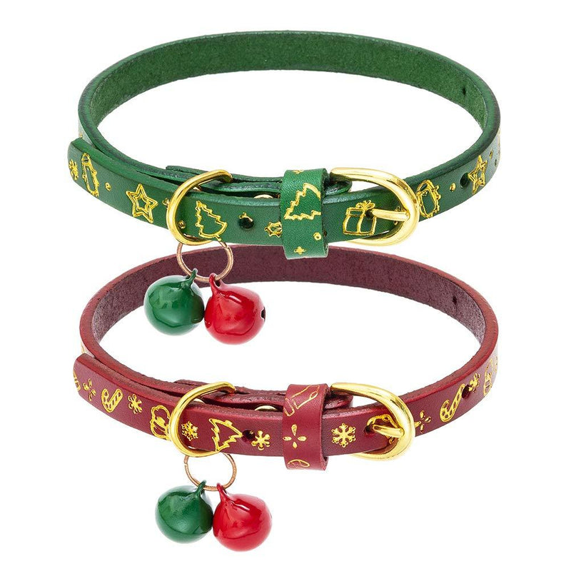 [Australia] - Christmas Leather Cat Collar - Puppy Collar with Bells 2 Pack, Soft Adjustable Genuine Leather Kitten Collars with Christmas Element Patterns, Perfect for Kitties & Puppies 