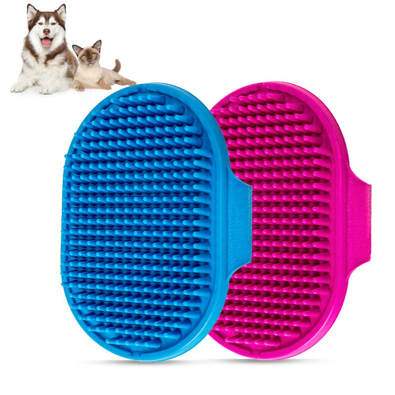 Dog Bath Brush , Aoche Pet Bath Comb Brush Soothing Massage Rubber Comb 2pcs with Adjustable Ring Handle for Long Short Haired Dogs and Cats (blue+rose) - PawsPlanet Australia