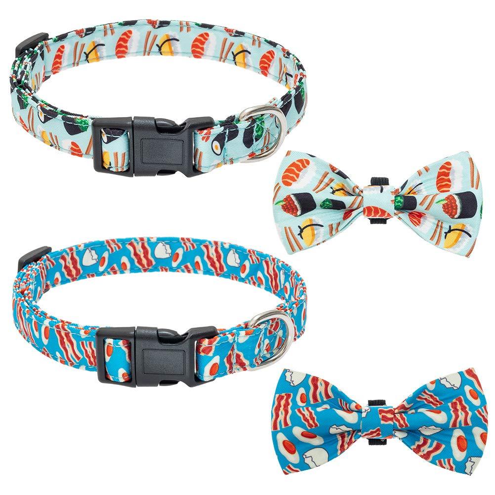 BINGPET Detachable Bow Tie Dog Collar 2 Pack - Soft Polyester Adjustable Doggy Collars Pet Accessories with Cute Sushi and Bacon Patterns for Puppies and Medium Dogs - PawsPlanet Australia