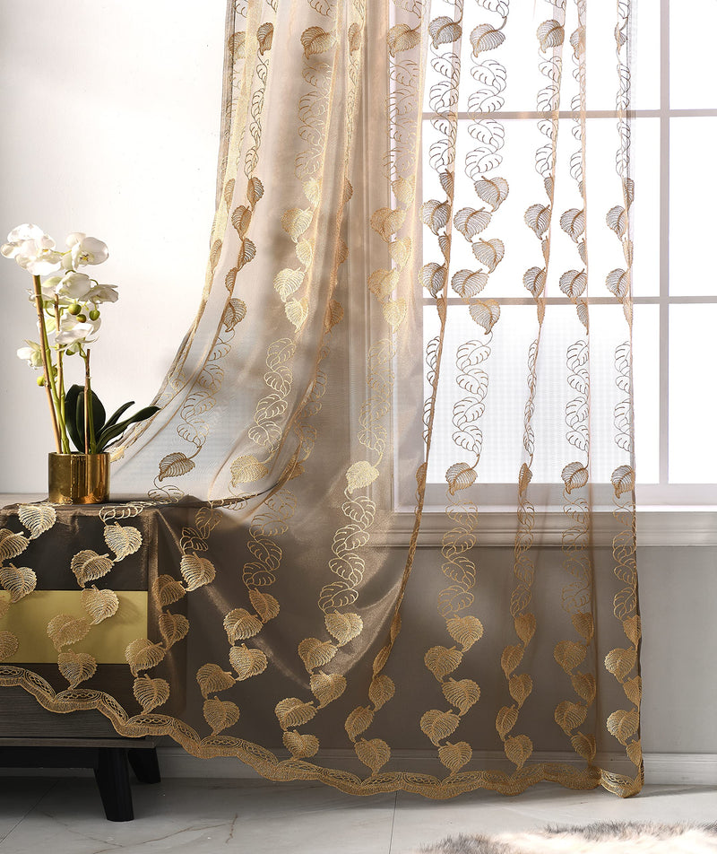 Jiyoyo M8508 Gold Brown Sheer Curtain for Living Room Leaf Pattern Embroidered Window Curtain Rod Pocket Geometric Embroidery Drapes Bedroom Dining Room 84 inch,1 Panel 50W x 84L Inch, 1 Panel - PawsPlanet Australia