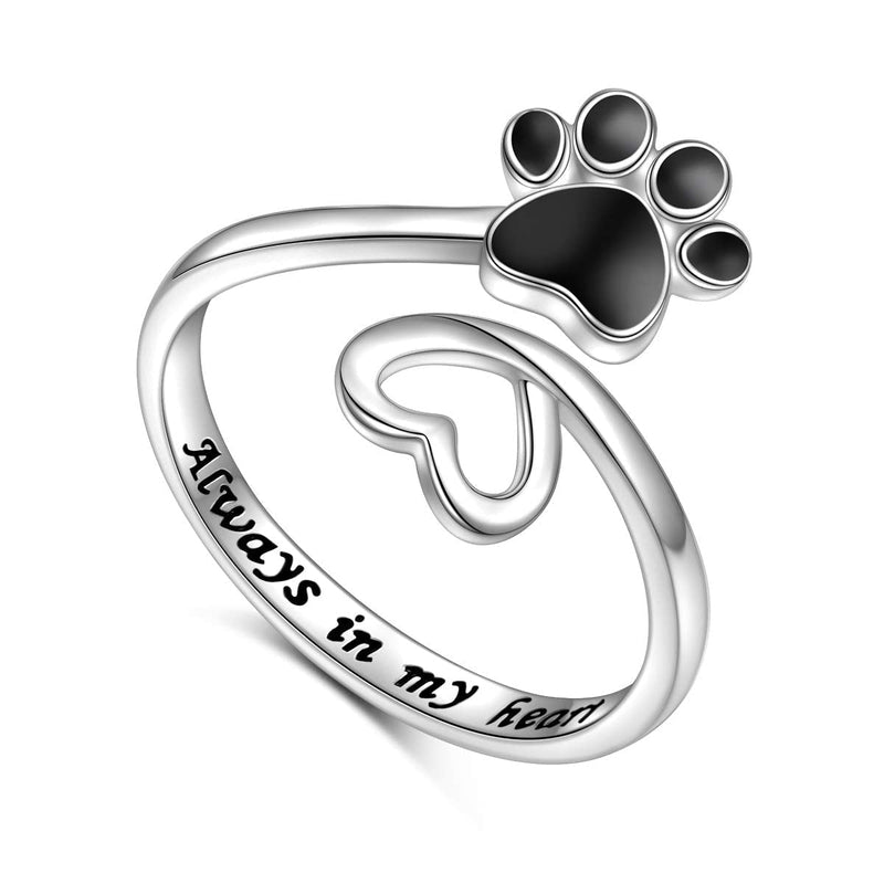 Sterling Silver Jewelry Engraved Always in my heart Puppy Dog Cat Pet Paw Print Love Heart Open Ring Black 6 - PawsPlanet Australia