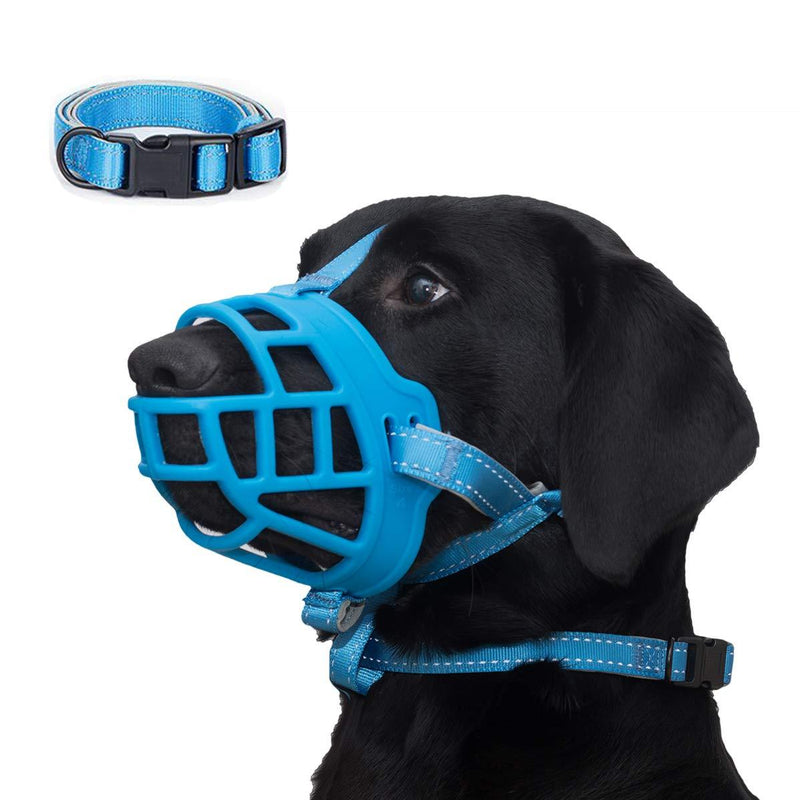 Dog Muzzle, Soft Silicone Basket Muzzle for Dogs, Allows Panting and Drinking, Prevents Unwanted Barking Biting and Chewing, Included Collar and Training Guide 1 (Snout 7-8") Blue - PawsPlanet Australia