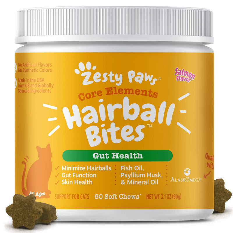 Zesty Paws Hairball Bites for Cats - Cat Furball Control - Functional Supplement with Omega 3 Fish Oil EPA & DHA + Mineral Oil, Zinc, Biotin & Psyllium Husk - Supports Gut & Skin Health - 60 Count - PawsPlanet Australia