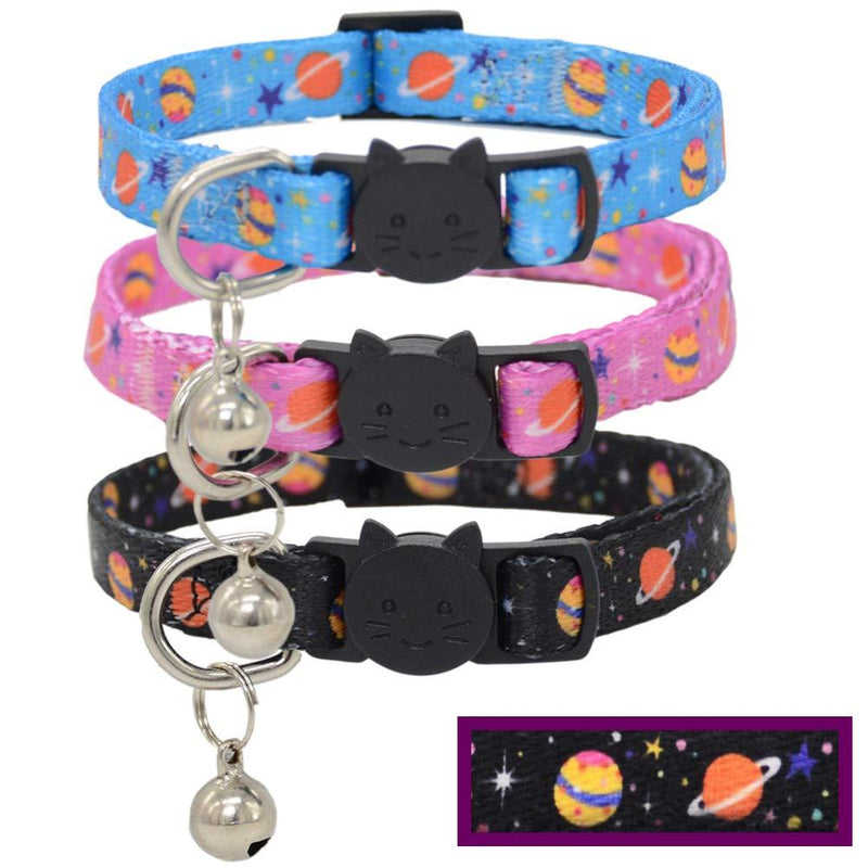 Barleygoo 3PCS Breakaway Cat Collars with Bell Galaxy Element Adjustable Safety Puppy Collar Black&Blue&Purple - PawsPlanet Australia