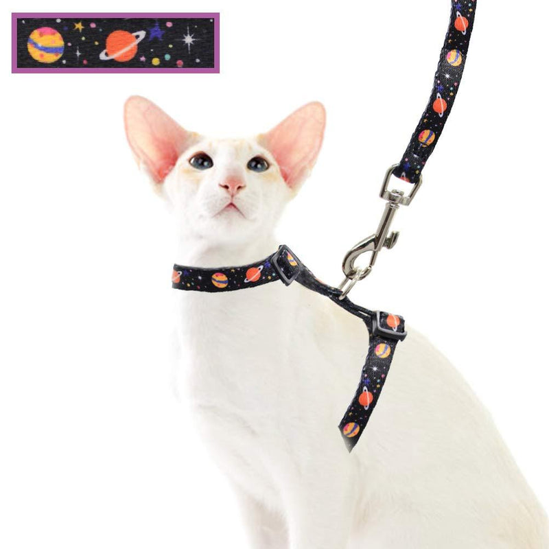 Cat Harness and Leash Set for Outdoor Walking Escape Proof Adjustable Soft Safety Strap with Galaxy Element Design Black Colorful Galaxy - PawsPlanet Australia