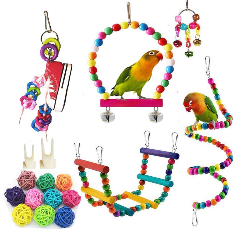 PBIEHSR Bird Parrot Swing Toys, 17 Pcs Pet Bird Cage Hammock Chewing Toy Hanging Bell Wooden Perch for Small Parrots, Conures, Love Birds, Small Parakeets, Finches, Budgie - PawsPlanet Australia
