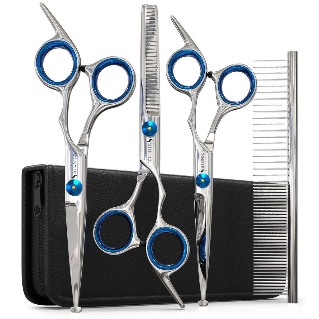 [Australia] - STÙNICK Professional Cat & Dog Grooming Scissor Set - Stainless Steel Straight and Curved Pet Scissors with Safety Round Tip - Heavy Duty Titanium Coated Thinning Shear and Pet Comb for Dogs and Cats 