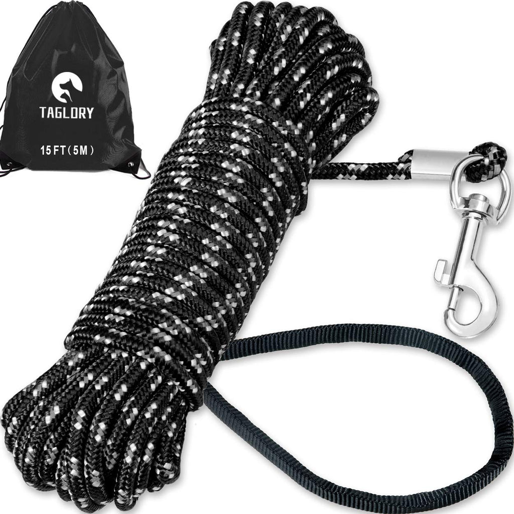 [Australia] - Taglory Check Cord/Tie Out, Long Leash for Puppy Dog Training, 15/30/50 FT Nylon Rope with Reflective Stitching for Small Dogs, Great for Swimming, Walking, Camping, Black/Orange 15ft - Diam 1/4"- 1 Hook 