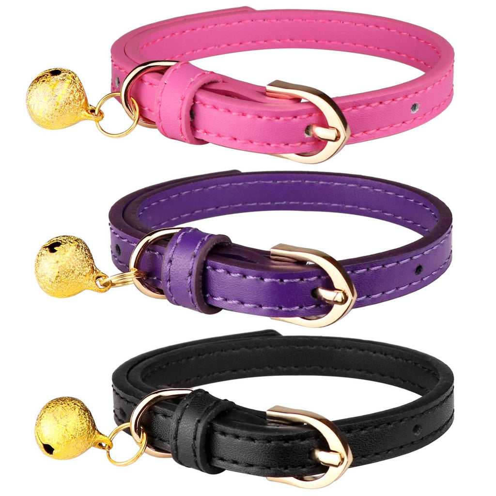 [Australia] - 3 PCS Leather Cat Collars with Bell Kitten Collars Cat Safety Soft Adjustable Collars Black Purple Pink 