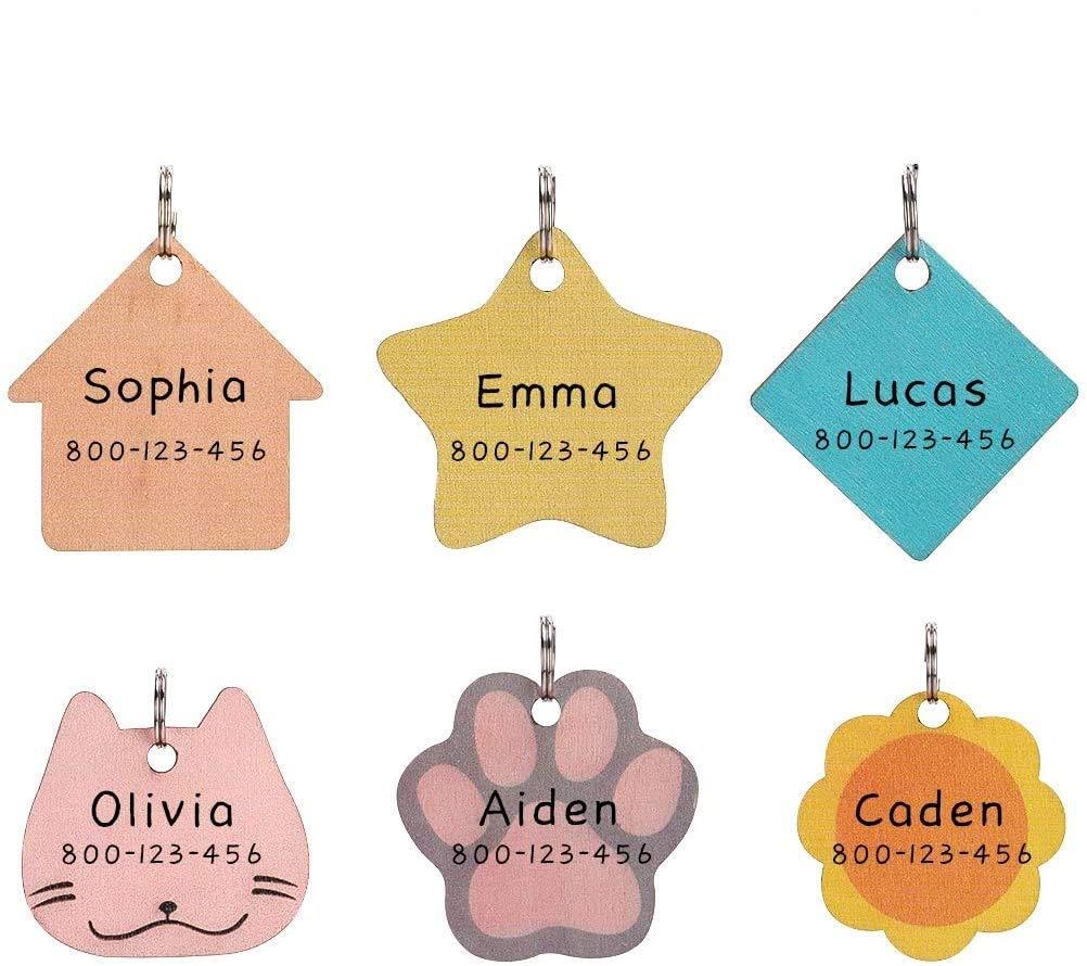 [Australia] - Dog ID Tags - 6 Pcs Name Tag for Dogs - Cute Handwriting Wooden Pet ID Tags - Lightweight Tag No Noise Pendant in Kitty, Star, Paw, Flower and House Shapes, Personalized Pet Charms for Dogs and Cats 
