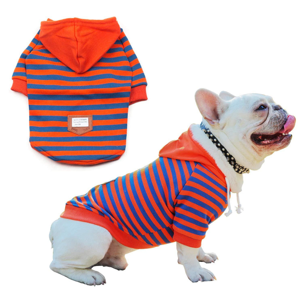 [Australia] - Strip Dog Hoodie Dog Sweatshirt Outfit with Hat Soft Breathable Cotton Hoodie Clothes for Dog Pet Sweater Coat Apparel for Small Medium Large Dogs Orange and Blue S Back: 9.5", Chest: 9", 13.4" 