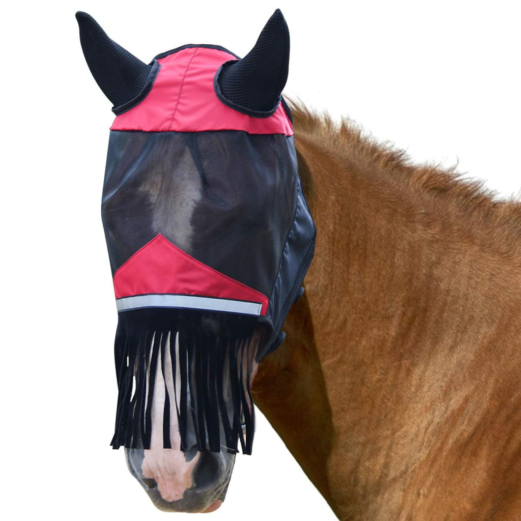 Luxiv Horse Fly Mask with Ears, Fly Mask with Nose Fringe for Horse Breathable Mesh Horse Fly Mask with Ears and Nose Fringe Red and Black - PawsPlanet Australia