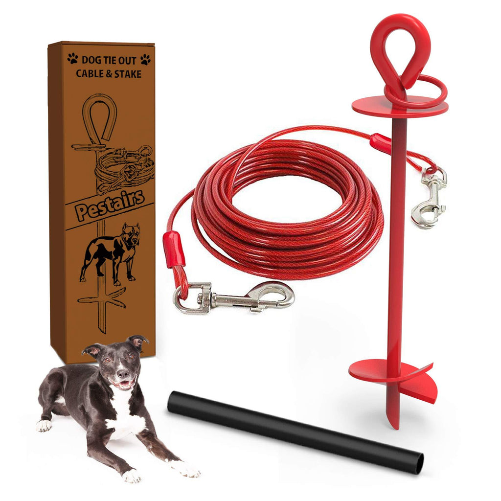 Pestairs 30 Ft Dog Tie Out Cable and Stake - Heavy Dog Yard Leash and Stake for Small Medium Large Dogs Up to 100 lbs - Spiral Blade Dog Yard Stake for Outside Yard Beach Lawn 30ft - 60lbs Red - PawsPlanet Australia