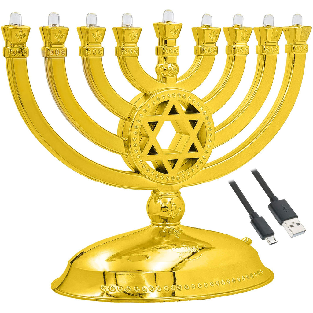 The Dreidel Company Mini Electric Menorah Traditional LED Travel Menora, Batteries or USB Powered, Micro USB 4' Cable Included (Gold) Gold - PawsPlanet Australia