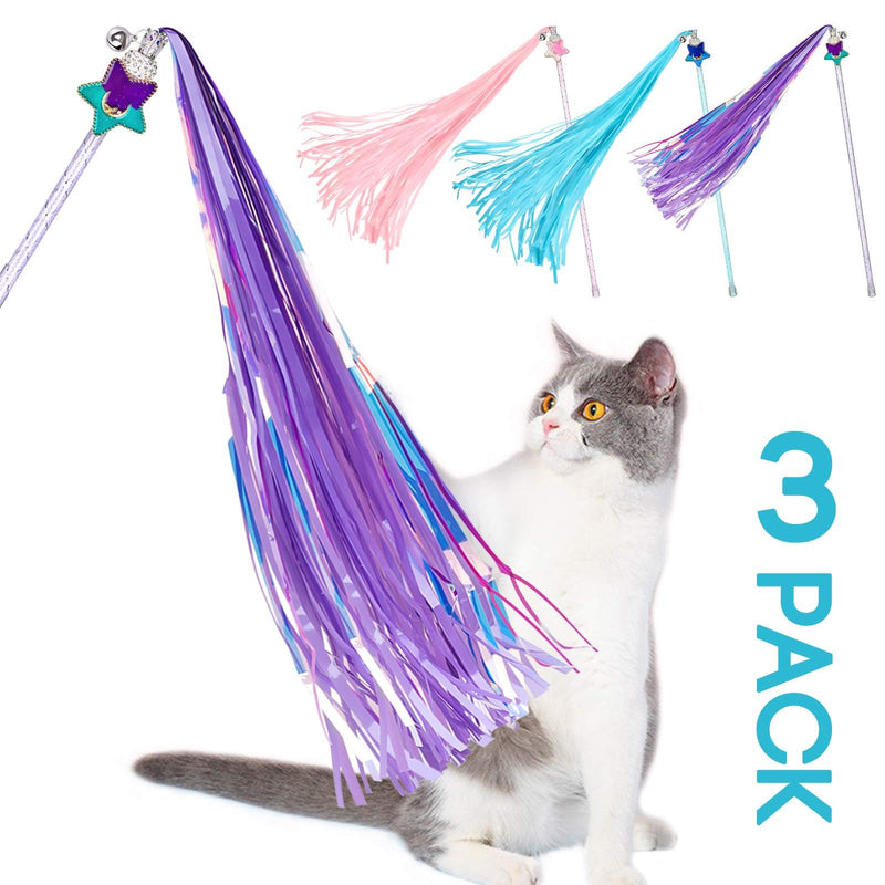 [Australia] - ZooZoo Cat Teaser Toy Handcrafted Fairy Princess Shiny Tassel Wands 3-Color Pack, Glitter Magic Star Crystal Beaded Crown Large Jingle Bell Interactive Fun Play Pet Stimulate Active Exercise Entertain 