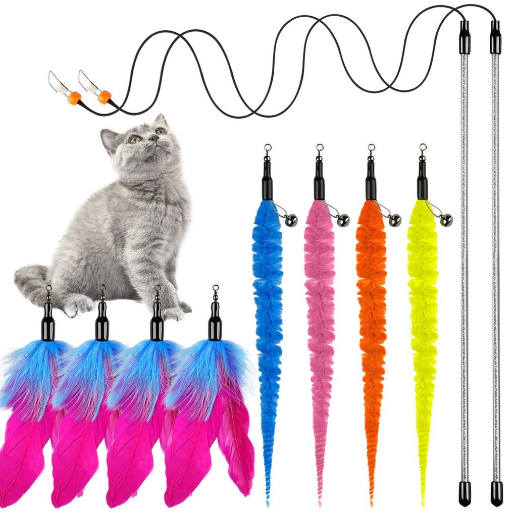 [Australia] - ZooZoo Cat Toy (8xTeasers+2xWands) Interactive Fun Play Set, Healthy Kitten Active Exercise Pet Stimulate Safe Entertain Replaceable Soft Feather Fur Attachment Elastic Cord Jingle Bell Refill Catcher 