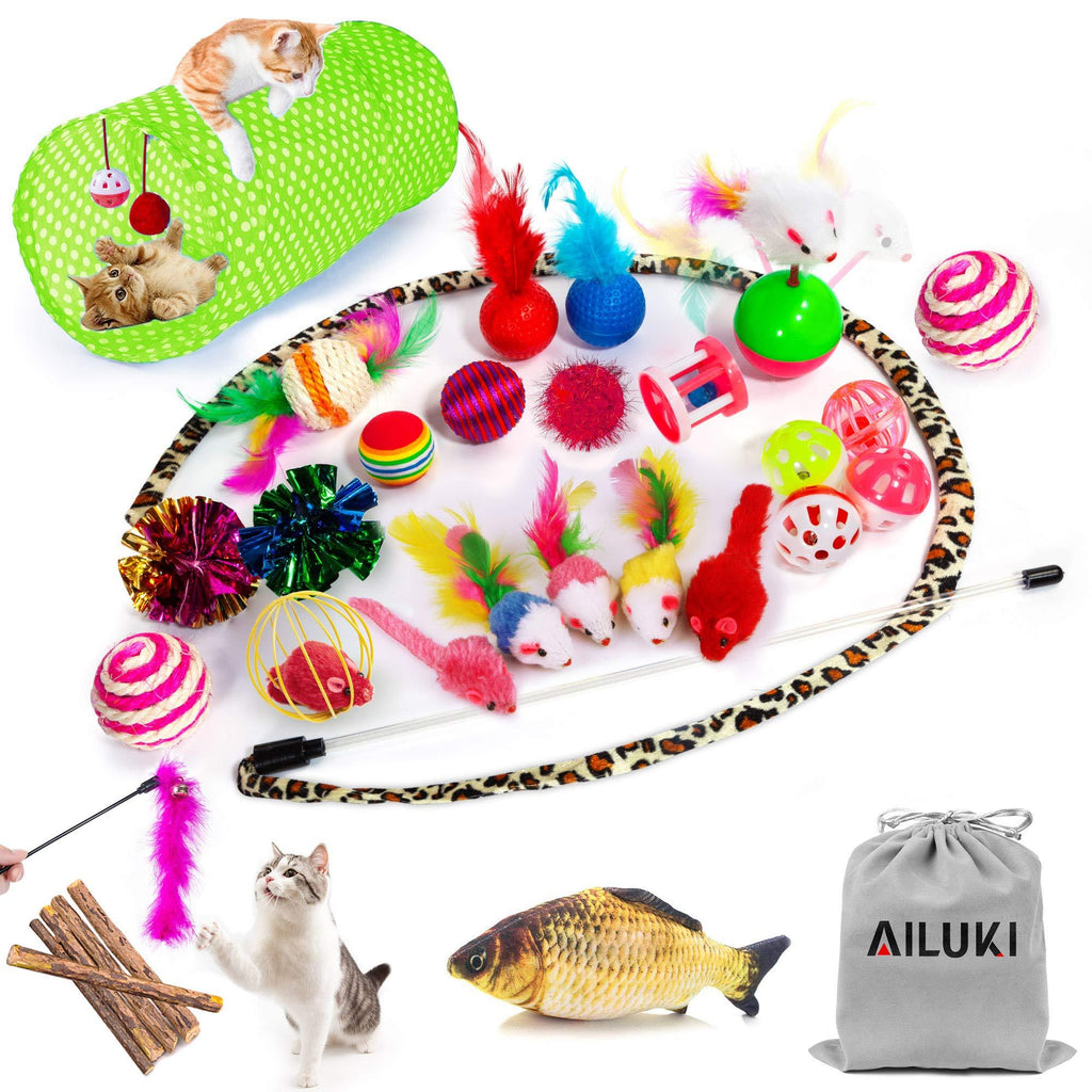 [Australia] - AILUKI 29 PCS Cat Toys Kitten Toys Assortments, Variety Catnip Toy Set Including 2 Way Tunnel,Cat Feather Teaser,Catnip Fish,Mice,Colorful Balls and Bells for Cat,Puppy,Kitty 