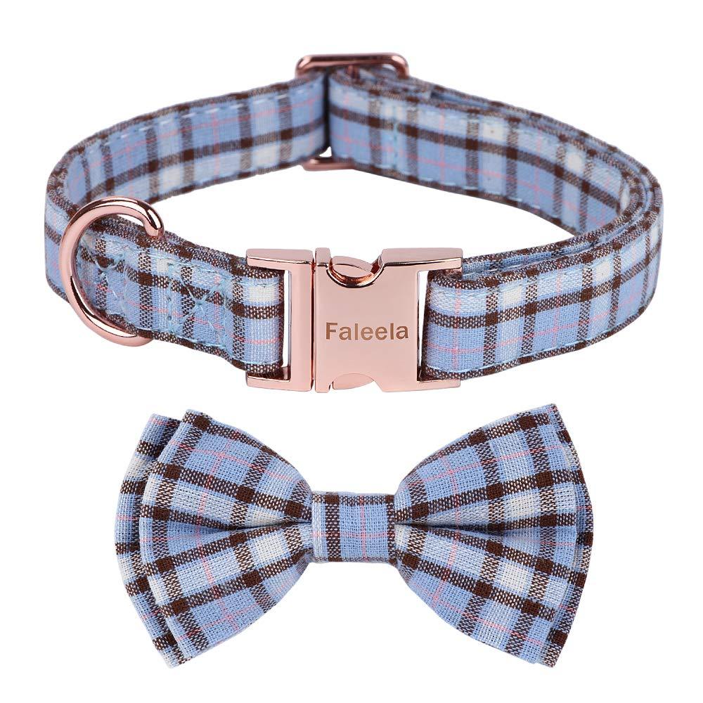 [Australia] - Faleela Dog Collar with Bow, Cotton & Webbing，Classic Plaid, Adjustable Dog Collars for Small Medium Large Dogs S Blue 