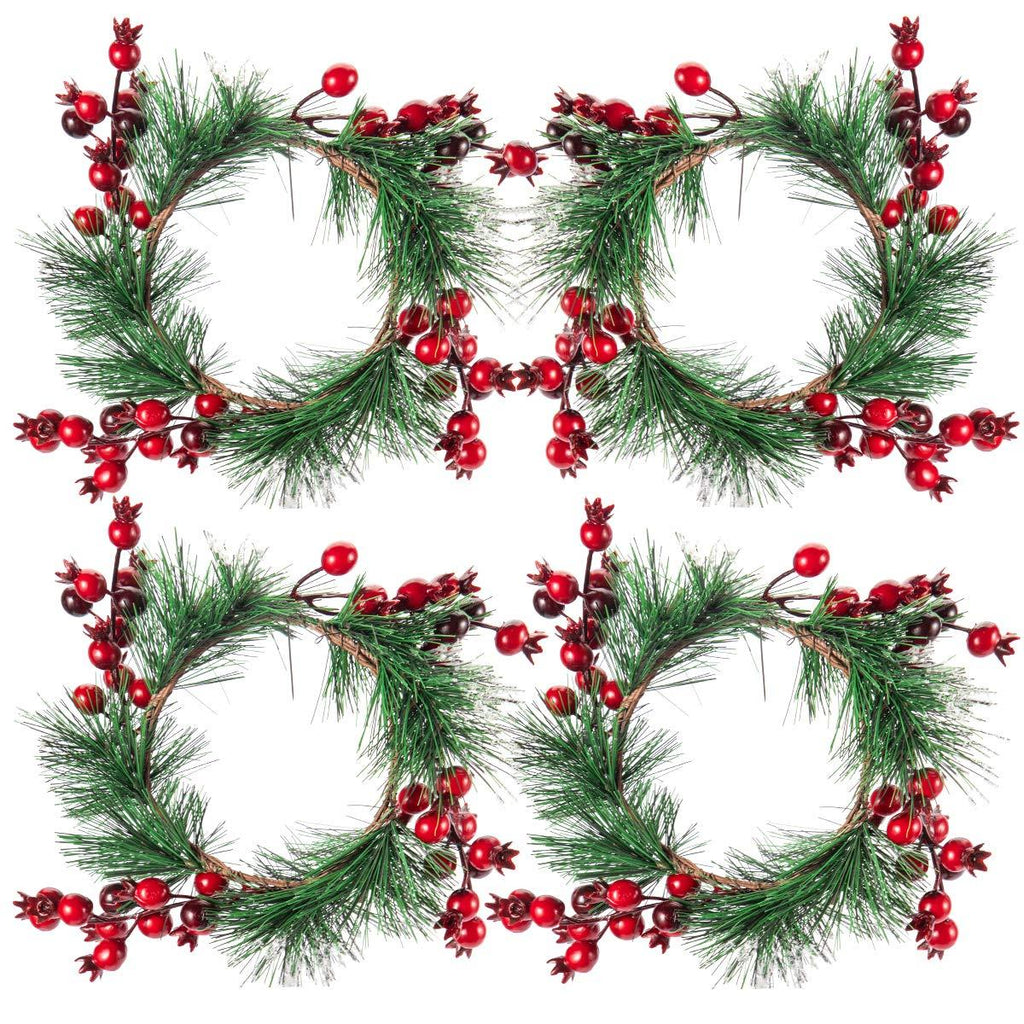4 Pcs Christmas Candle Rings- 4.5 Inches Snowy Pine Needles Candle Rings Wreaths with Artificial Red Berries for Rustic Wedding Centerpiece, Christmas Festival Table Decoration - PawsPlanet Australia