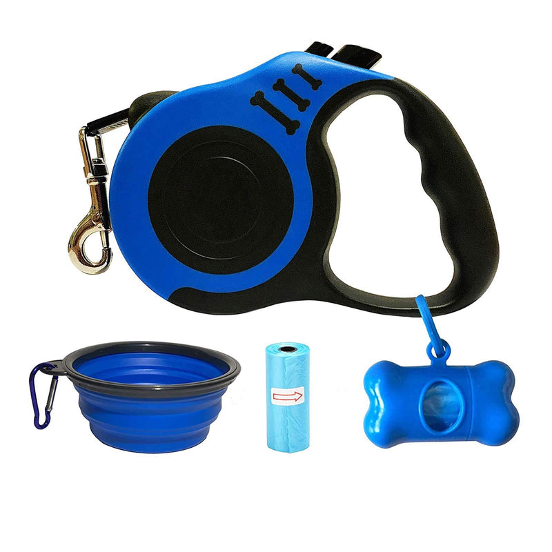 [Australia] - CDH 16.5 FT Retractable Dog Leash with Waste Bag Dispenser and Bags, Collapsible Water Bowl,One-Handed Brake and Anti-Slip Handle（Set 1） Blue 