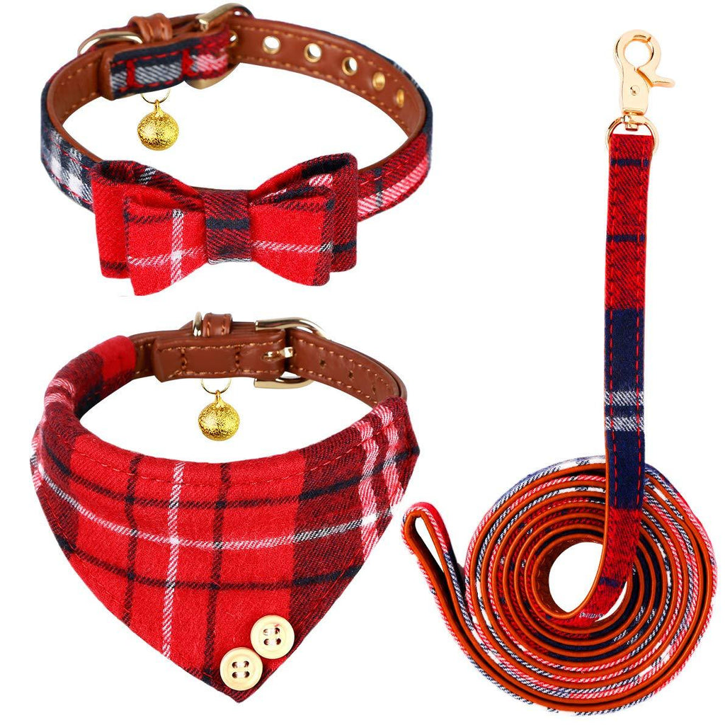 [Australia] - Bow Tie Dog Collar and Leash Set 3 PCS Cute Red Classic Plaid Adjustable Pet Puppy Collars Bandana with Bell for Small Medium Dogs and Cats Outdoor 