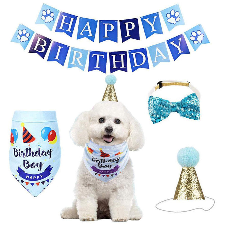 [Australia] - Dog Cat Birthday Bandana Hat Banner Party Supplies Kits Dog Boy Girl Cute Bow Tie Scarf Birthday Party Supplies Decorations BLUE 