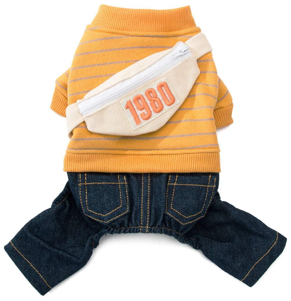 [Australia] - MilTrees Dog Denim Clothes Pet Adorable Sweatshirt & Jeans Onesies Outfits for Medium Small Dogs Puppy Jumpsuit Cat Pants XS(Chest:12.01" Length:7.87") Yellow & Sling Bag Attached 