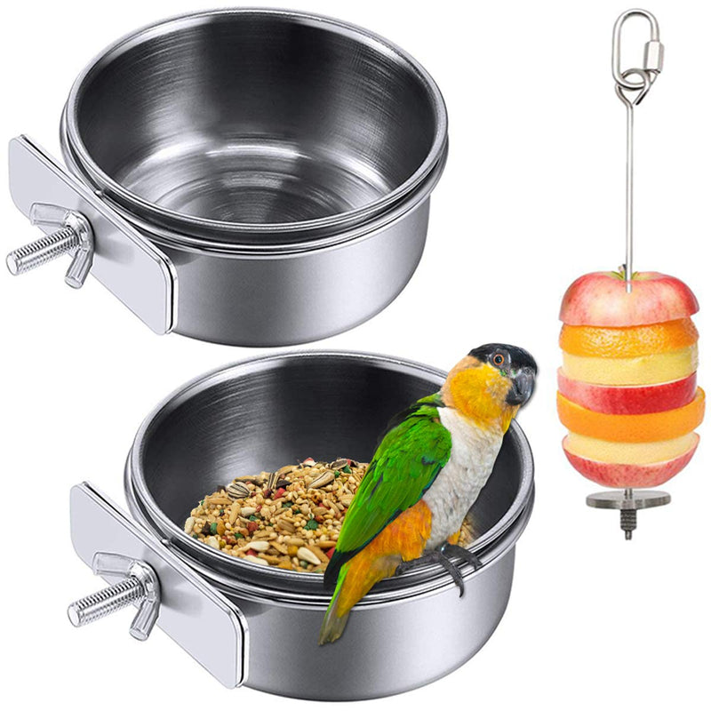 [Australia] - HERCOCCI 2 Pack Bird Feeder Bowl, Stainless Steel - Parrot Food Bowl Feeding Coop Cups Clamp Water Cage Dish with Fruit Skewer Holder for Parakeet Lovebird Conure Cockatiel Budgie Chinchilla 