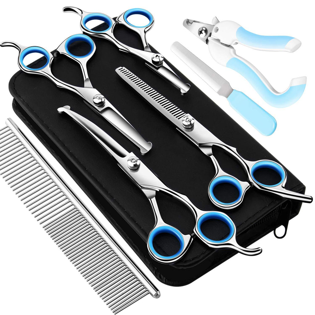 [Australia] - HONJEAN Dog Grooming Scissors Set, Safety Round Blunt Tip Grooming Tools, Professional Curved,Thinning,Straight Scissors with Comb,Nail cliper and Nail File,Grooming Shears for Dogs and Cats Blue 