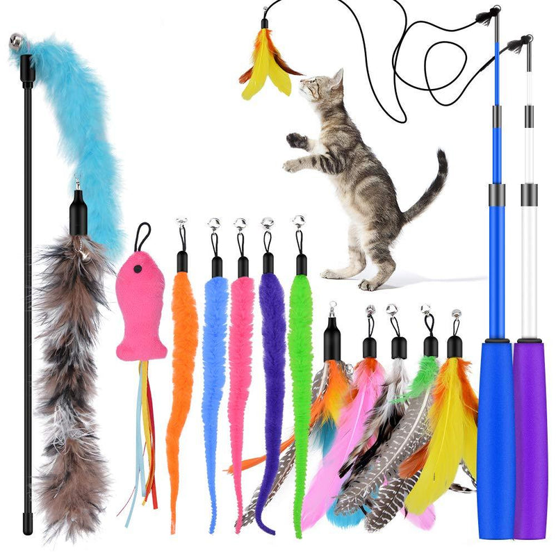 [Australia] - Oziral Cat Teaser, 15PCS Retractable Cat Toy Feather Teaser Cat Toy Cat Wand Feather Interactive Toys with Bells and Feather Refills Set for Indoor Cat and Kitten Exercise 