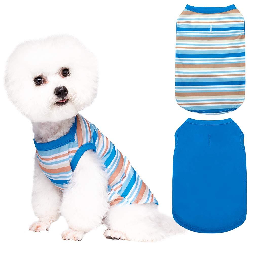 [Australia] - SCENEREAL 2 Pack Dog Shirt - Striped and Blank Sleeveless Cotton Dog T-Shirt, Soft and Breathable Basic Dog Apparel, Thin Dog Sweater, Hoodie, Cute Pet Clothes for Small Medium Dogs, Puppies, Cats Blue 