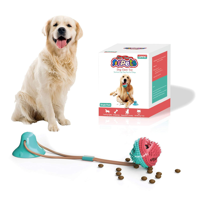 [Australia] - CPFK Dog Chew Suction Cup Tug of War Toy Multifunction Interactive Pet Aggressive Chewers Rope Puzzle Toothbrush Molar Bite Squeaky Toys Ball with Teeth Cleaning and Food Dispensing Features Red + Turquoise 1 suction cup 