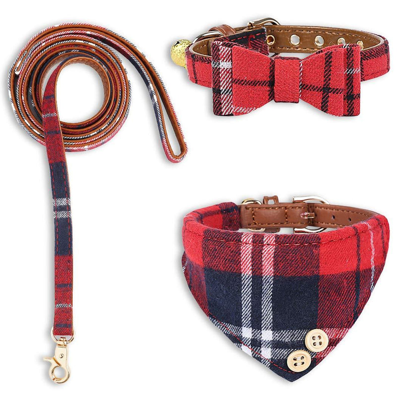 [Australia] - Bow Tie Dog Collar with Soft Leather Leash Set - Cute Adjustable Classic Plaid Puppy Bandana Collar with Bell, Fit for Small Dogs, Puppies and Cats Outdoor Walking 