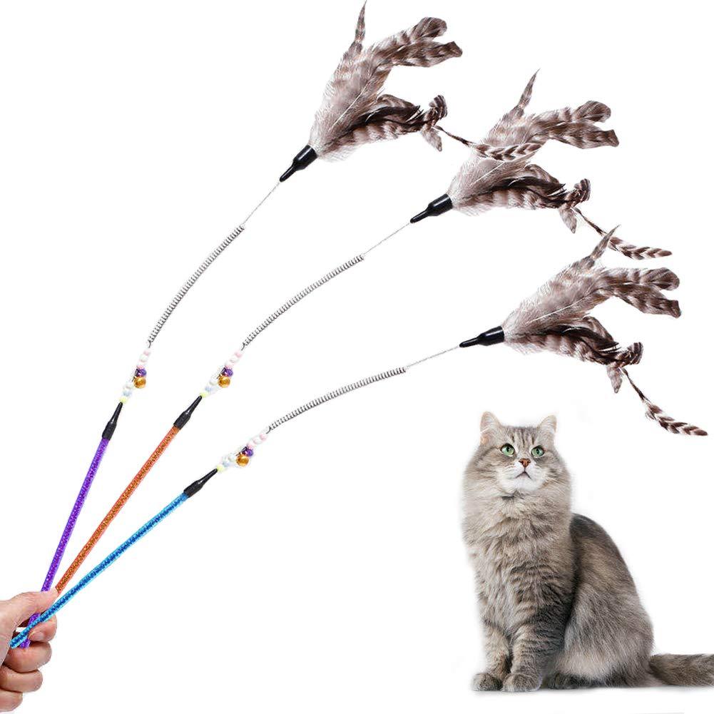 [Australia] - MAIYU 3 Pack Feather Teaser Cat Toys, Cat Feather Toy with Spring Bells Beads, Interactive Catcher Teaser and Funny Exercise for Kitten Cats 