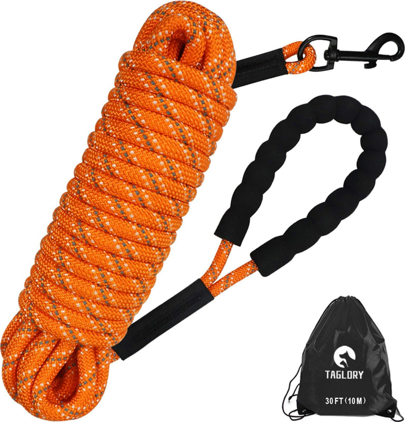 Taglory Training Lead for Dogs 10m, Reflective Long Dog Rope Lead with Soft Padded Handle for Small Medium Large Dogs, Orange 10m- Diam 8mm- 1 Hook - PawsPlanet Australia