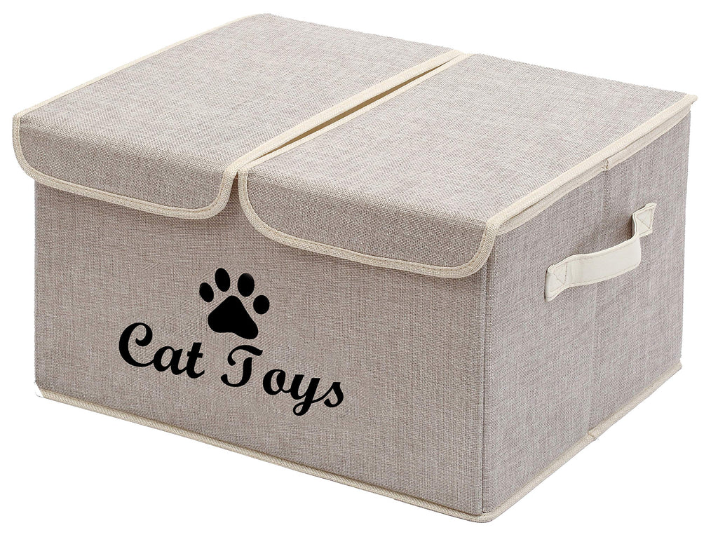 Geyecete Large Storage Boxes - Large Linen Fabric Foldable Storage Cubes Bin Box Containers with Lid and Handles for Dog Apparel & Accessories, Dog Coats, Dog Toys, Dog Clothing Cat Toys Beige - PawsPlanet Australia