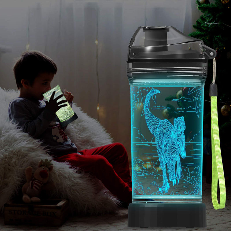 Lightzz Kids Water Bottle, 3D Dinosaur Illusion LED Light with 7 Color Changing Light - 14 0z - Creative Idea Raptor Gift for Boy Child Holiday Xmas - PawsPlanet Australia