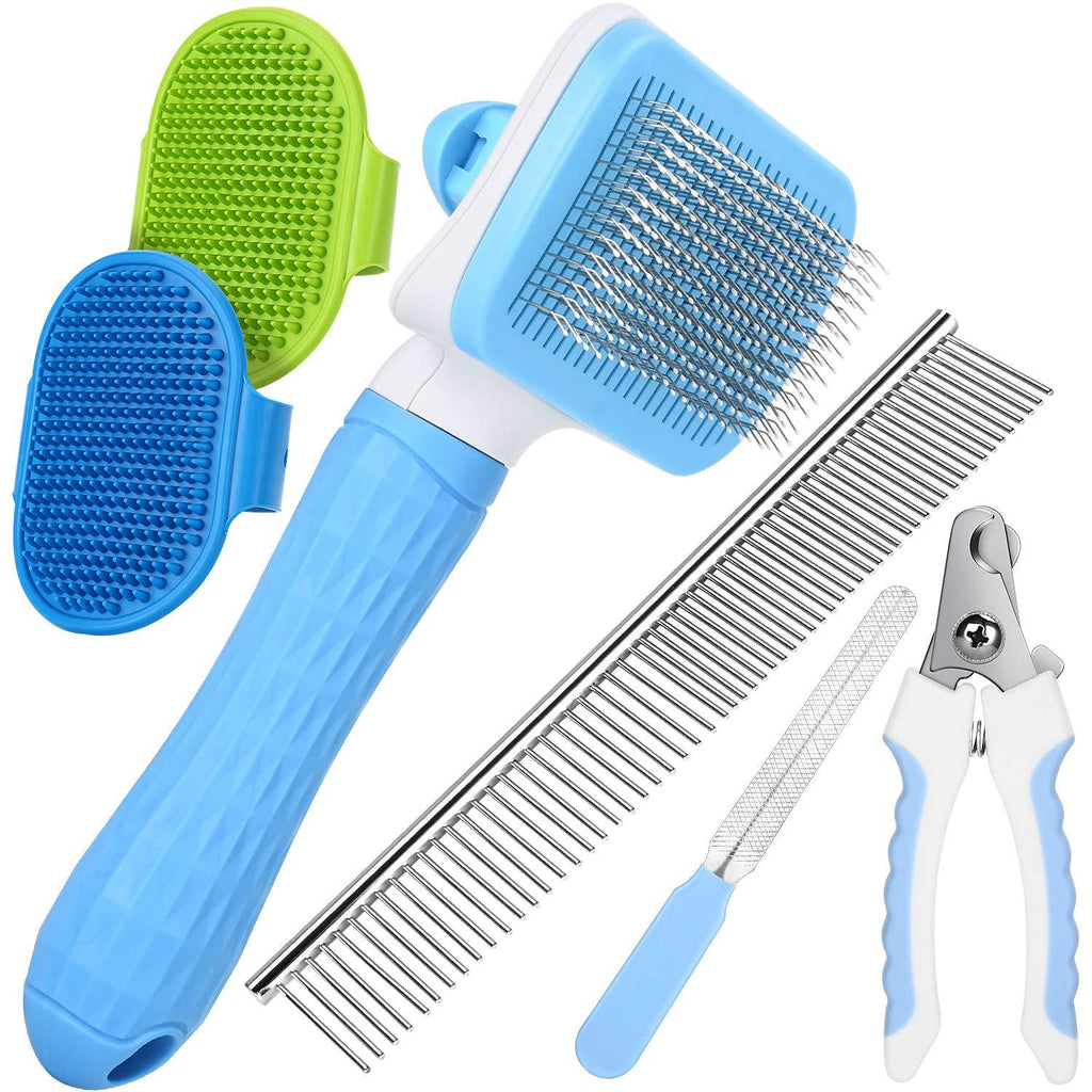 [Australia] - Grooming Tool Set for Cats & Dogs, Including Self-Cleaning Slicker Brush, 7.5" Steel Comb, Nail Clippers & File, 2 Bath Brush, Great for Small & Medium Pet with All Hair Types 