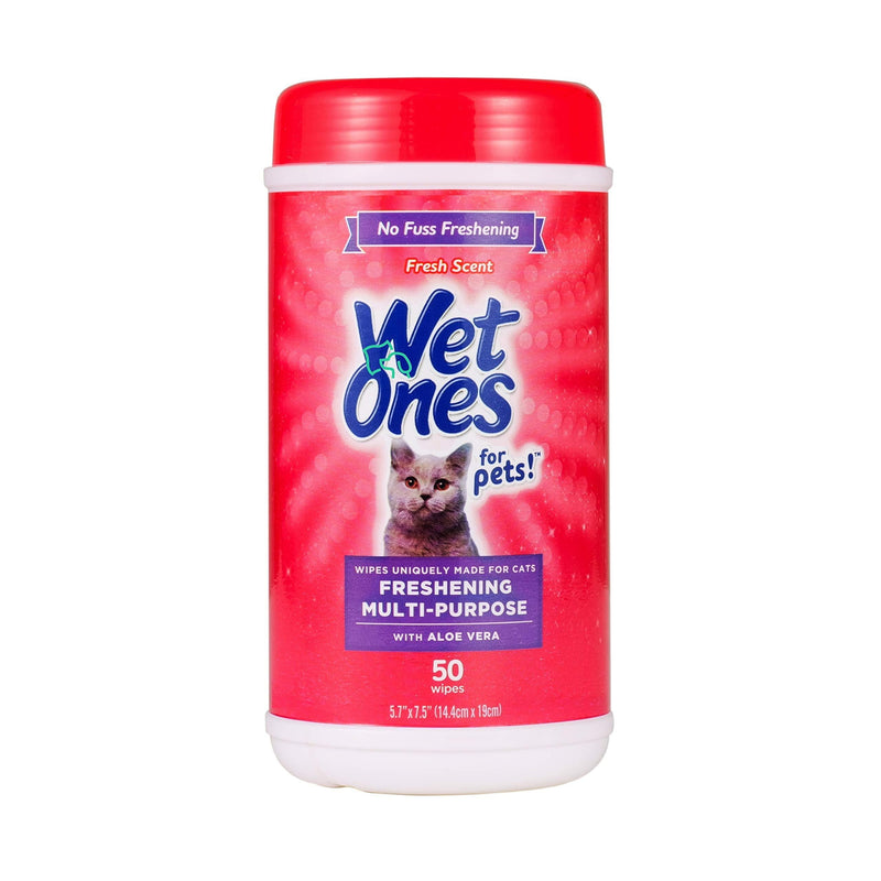 [Australia] - Wet Ones for Pets Freshening Multipurpose Wipes for Cats with Aloe Vera | Easy to Use Cat Cleaning Wipes, Freshening Cat Grooming Wipes for Pet Grooming in Fresh Scent | 50 ct Cannister Cat Wipes 50 Count 