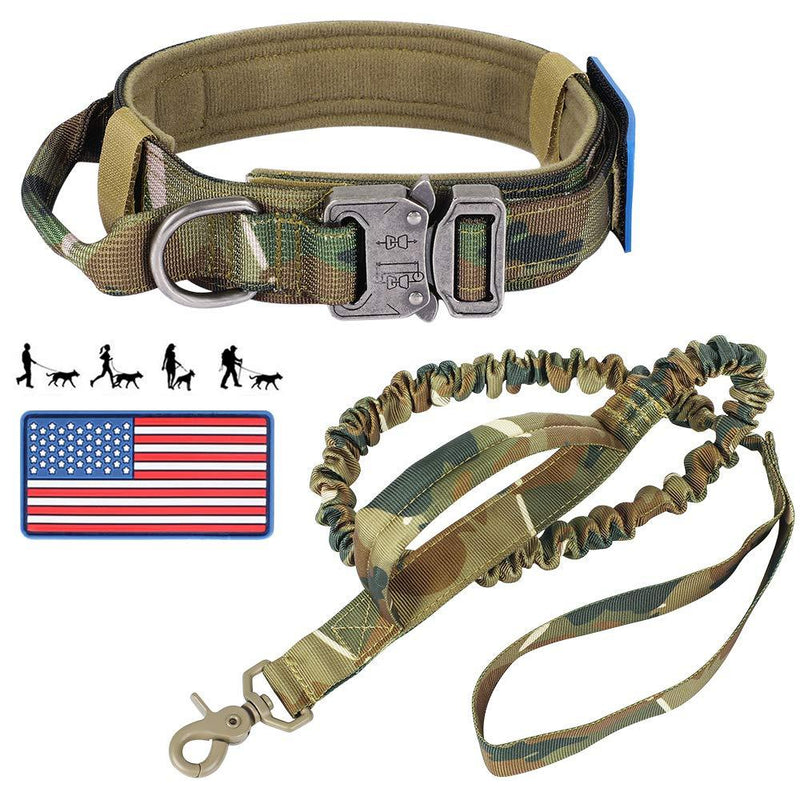 [Australia] - Tactical Dog Collar and Bungee Leash, Military K9 Dog Collar Leash Set - Adjustable Dog Collars with American Flag Patch Handle for Medium Large Dogs German Shepherd 